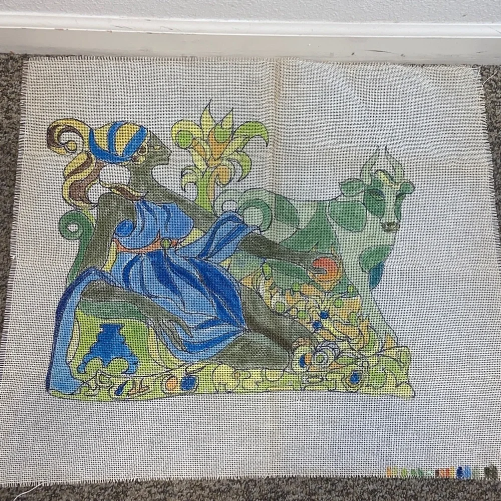 Abstract Reclining Woman and Cow Tapestry in Blue & Green